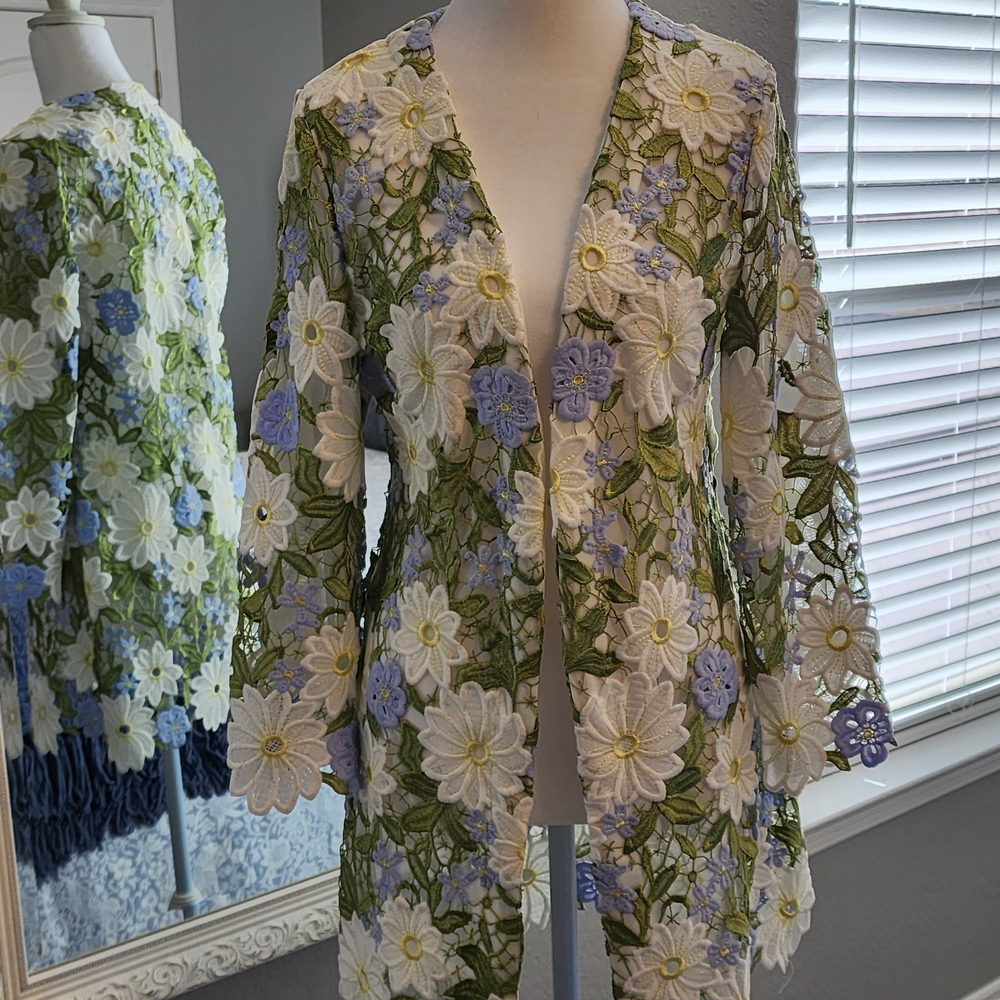 Boston Proper Floral Lace Cardigan - Green, White, Blue